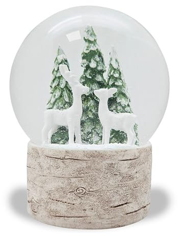 Schneekugel Weihnachten | Hüttenzauber Zwei Rehe Tannenbaum | Sockel Holzoptik | Höhe: 12cm Breite 10 cm | 20295 (2 Rehe Holzsockel)