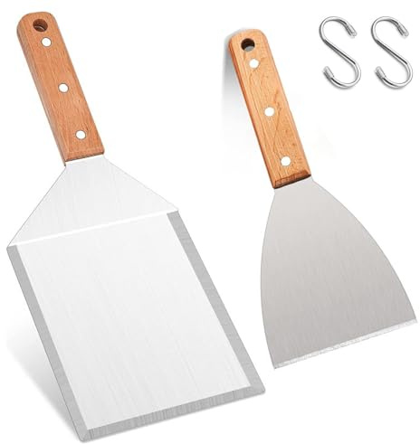Grillspachtel Set, 2 Stück Burger-Set, Grillwender Pfannenwender Spachtel Mit Holzgriffen Teppanyaki-Zubehör für Burgerpresse Teppanyaki Barbecue Steak Pizza
