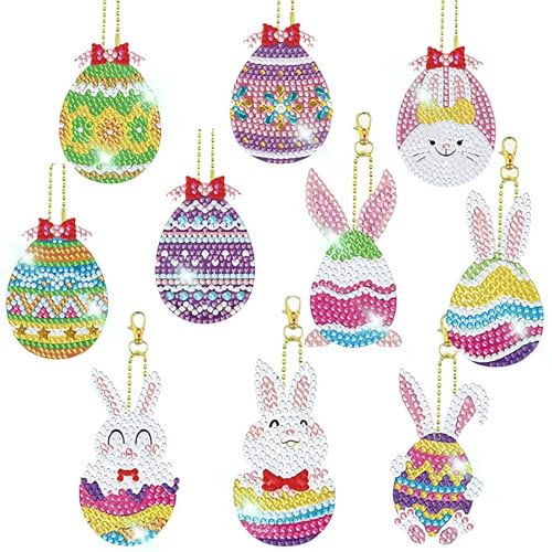 MHwan Diamond Painting Kinder, 10 Stück 5D Süßer Hasen Ei Diamond Painting Ostern Anhänger, DIY-Diamant-Malset für Kinder, Um Die Praktischen Fähigkeiten und Aufmerksamkeit der Kinder zu Fördern