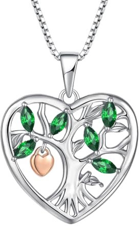Tree of Life Pendant Necklace with Green Gemstones and Rose Gold Heart