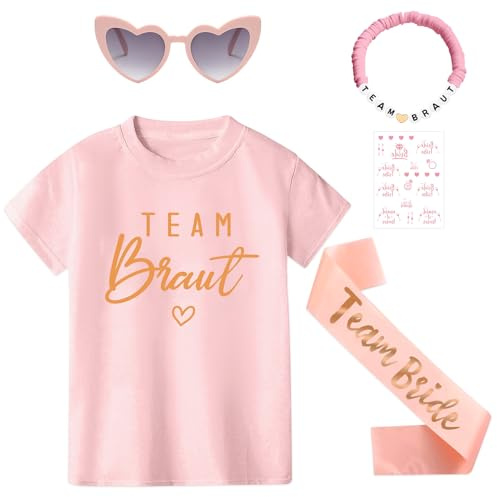 Angenster Jga Shirt Frauen Team Bride TShirt Set, Junggesellenabschied T-shirt mit Schärpe Armbänder Herzförmige Brille Aufkleber, Bride to Be Tshirt Team Braut Shirt für Hochzeit (Rosa -DE, L)
