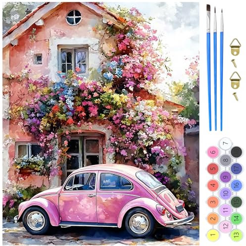 MXJSUA Peinture par Numéros pour Adulte, DIY Peinture Acrylique pour Adultes Débutants Facile sur Toile 40×50 cm avec peintures et pinceaux, Voiture Fleurs Roses (sans Cadre)