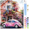 MXJSUA Peinture par Numéros pour Adulte, DIY Peinture Acrylique pour Adultes Débutants Facile sur Toile 40×50 cm avec peintures et pinceaux, Voiture Fleurs Roses (sans Cadre)