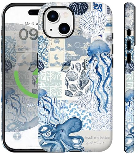 Compatible for iPhone 13 Case with Magsafe Beach Ocean Summer Blue Collage Cute Aethetic Seashells Vintage Rugge 2-in-1 Layer Shockproof Anti-Scratch Phone Case for iPhone 13 Women Men
