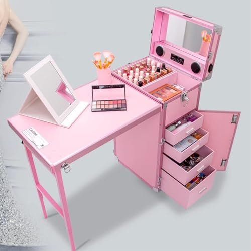 PP-Vic Folding Manicure Table, Rolling Manicure Table Makeup Train Case, Portable Manicure Table, Manicure Tech Travel Case, for Manicure Tech,Pink