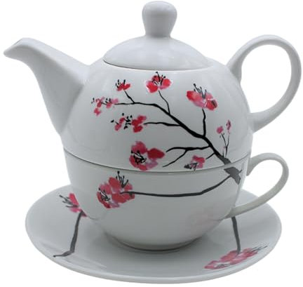 Porzellankanne, Tea for one Set, Servierkanne für Tee, Teekanne, Teeservice, Teetasse mit Teekanne, Teekannen-Set Kirschblüte mit Teetasse aus Porzellan in Weiß und Rosa, L/B/H 15 x 15 x 16 cm.
