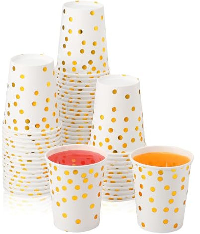 PISTISJACK 50 Stück Pappbecher,Gold Dot 250ml Partybecher，Einwegbecher Biologisch Abbaubar für Partybedarf Hochzeit Party Kaffee Tee Heißen und Kalten Getränken