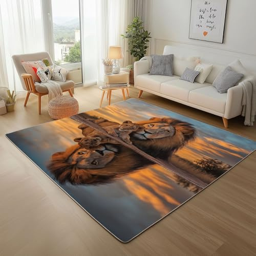 Dpvbffx Löwe Teppich rutschfest Weich | Afrika Savanne Tier Teppich Wohnzimmer 100x150 cm, 3D Effekt Wildtier Teppiche Kurzflor Waschbare fur Schlafzimmer