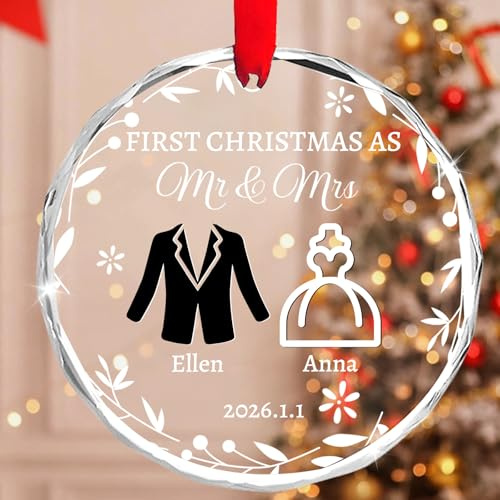 Personalisierte Weihnachtskugeln mit Paarname Kristall Glas Christbaumschmuck für Paare - Our First Christmas as Mr & Mrs - Weihnachtsanhänger Home Christmas Decorations für Weihnachten