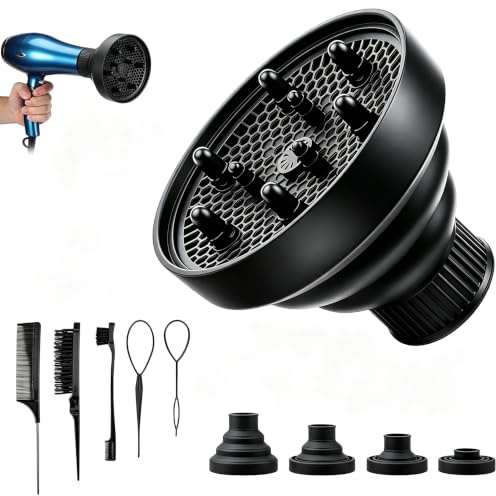 Universal Diffusor Aufsatz Föhn, 6-teiliges Haartrockner Diffusor Set mit schwarzem Silikon Haubenaufsatz und 5-teiligem Friseurzubehör, für Lockenpflege und professionelle Haarstyling-Anwendungen