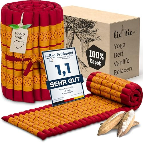 livasia Rollmatte Rollmatratze S schmal - 200x50x4,5cm - Gästebett Gästematratze 1 Person mit Muster, Reisebett Kofferraum outdoor, Thaimatte Kapok für Garten Balkon handgefertigt (Rot/Gelb)