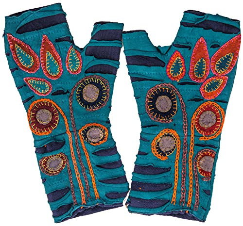 Vishes - alternative Bekleidung - Bestickte Damen Handschuhe Stulpen mit Daumen Fleece Gefüttert türkis