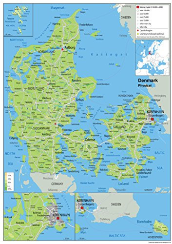 Wandkarte, physische Karte von Dänemark, laminiertes Papier [GA] A2 Size 42 x 59.4 cm