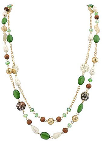 Bocar 14K Placcato Oro Catena di Collegamento 2 Strati di Cristallo Legno Acrilico colorato Donne Partito Lungo Collana Regalo (NK-10084-green)