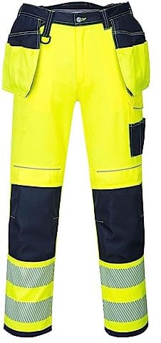 Portwest T501 Mens PW3 Hi Vis Work Trousers - Holster Pocket Workwear Safety Construction Trousers Yellow/Navy, 28