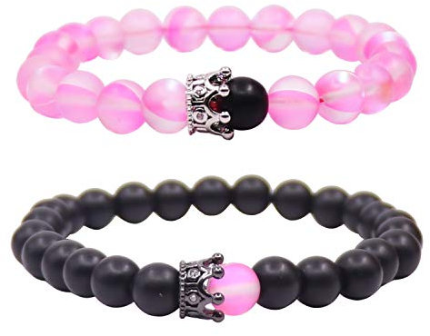 UEUC Paar Distanz Armbänder mit CZ Crown King & Queen Seine Freundschaft Schwarz Matt Achat Stein 8mm