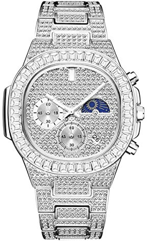 ICEDIAMOND 41mm Full CZ Diamond Moon Phase Square Dial Armbanduhr, vereistes Bling Zirkonia Modekalender Display Quarzuhr für Männer (White)