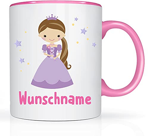 Print-Klex Tasse mit Namen und Prinzessin Motiv Bedruckt Namentasse Namensbecher Prinzessinmotiv mit lila Kleid für Mädchen Kindertasse Weiß/Rosa Spruchtasse Keramik mit Druck 330ml