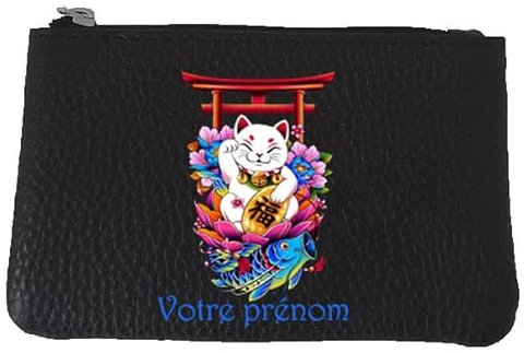 Syl'la Manekineko Chat Porte Bonheur Petit Porte Monnaie en Cuir Porte cles Noir personnalise avec Message