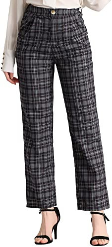 Allegra K Damen Plaid Hosen Elastische Taille Casual Arbeit Büro Lange Hosen, dunkelgrau schwarz, X-Groß