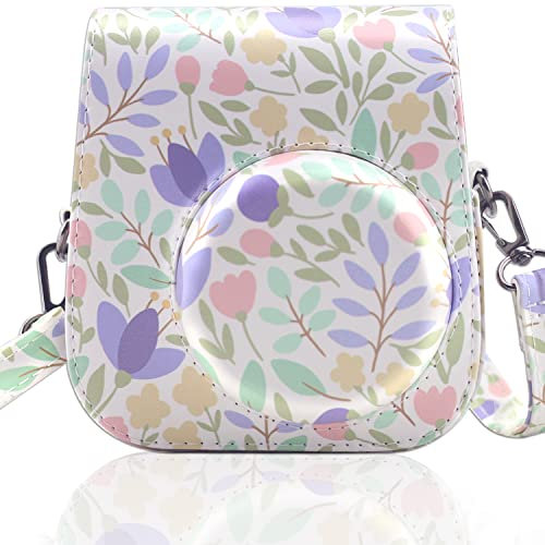 Frankmate Étui en cuir synthétique compatible avec appareil photo instantané Fujifilm Instax Mini 11 12 avec sangle réglable et poche (fleurs vertes)