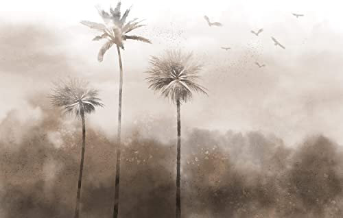 decomonkey Fototapete Abstrakt Landschaft 300x210 cm Design Tapete XXL Fototapeten Vlies Tapeten Vliestapete Wandtapete moderne Wand Schlafzimmer Wohnzimmer Natur Palmen Baum Vögel Aquarell Grau