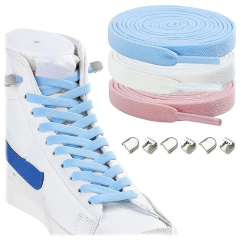 Stepace 3 paires de lacets plats pour baskets, 8 mm de large lacets élastiques sans noeud pour enfants adultes Blanc Rose Bleu clair 100