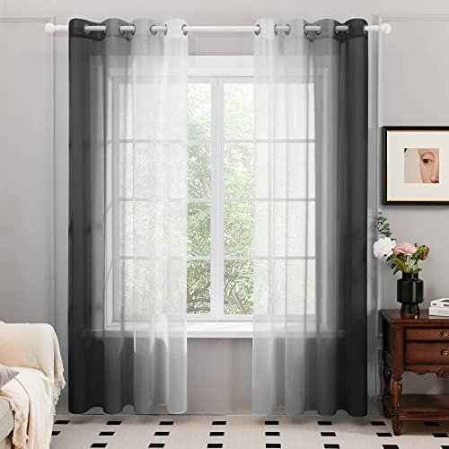 Deconovo Durchsichtige Vorhänge Voile Gardinen mit Ösen, 215x140 cm(HöhexBreite), Schwarz, 2er Set