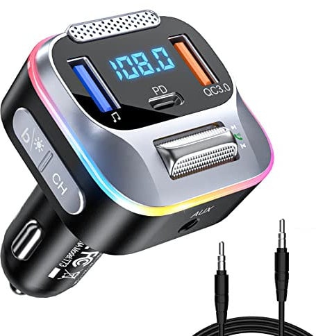 LENCENT Bluetooth 5,0 Auto FM Transmitter, PD+QC3,0 Autoladegerät, AUX Bluetooth Radio Adapter, Großes Mikrofon, HiFi Bass, unterstützt Freisprecheinrichtung, Siri, Google Assistenten