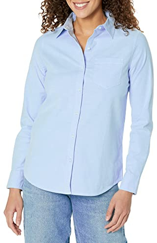 Amazon Essentials Women's Regular Fit Long Sleeve Button Down Stretch Oxford Shirt (Available in Plus Size), Blue, S