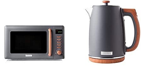 Haden Dorchester Grey Microwave With Wood Effect Finish, 20ltr Capacity & Haden Dorchester Digital Variable Temperature Kettle With Wood Effect Finish, Fast Boil, 3000W, 1.7Litre, Matt Grey
