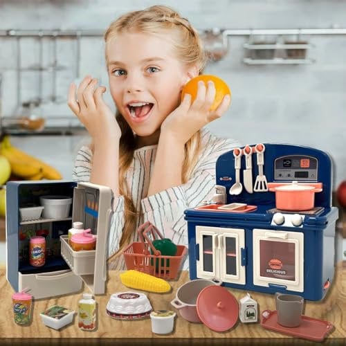 Coo11 Kids Kitchen Oven Refrigerator Toys, Realistic water running pump futher plate friut and grocery Acessories, Improves Hand-eye Coordination, Simulation kitchen set Suitable for 3+