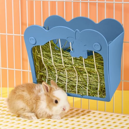 Rabbit Hay Feeder, Hanging Feeding Hay Rack for Small Animals, Dwarf Rabbit, Guinea Pig (Blue)