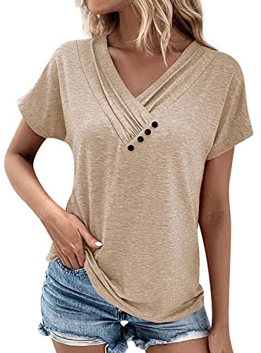 TIMEMEAN Top Femme,T-Shirt D'Été pour Femmes Tunique à Manches Courtes avec Col en V Et Boutons Chemisier De Base Habillé Et Décontracté De Couleur Unie