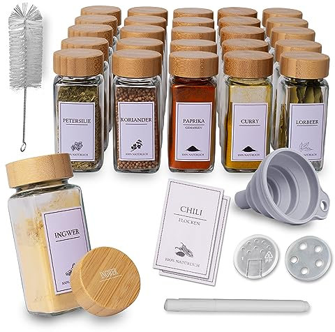 comforder Gewürzgläser Set (25 Stück), Gewürz Organizer mit Gewürzstreuer mit Etiketten + Trichter, Gewürzdosen eckig mit Bambusdeckel, 120ml (Bambus)