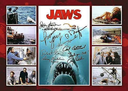 RJR Prints Jaws Cast, mehrfach signiert, A4 Montage, Fotodruck, vorgedruckte Unterschriften, Autogramm, Geschenk