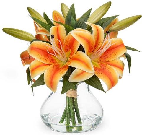 Oairse Artificial Flowers Tiger Lily Faux Orange Lilies Flower in Glass Vase with Faux Water Realistic Easter Lily Flora Arrangements for Easter Decor Home Office Living Room Wedding Table Decoration