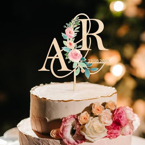 Party to Be Cake Topper Hochzeit Personalisiert Hochzeitstorte Deko in Holz Custom Braut und Bräutigam Tortenstecker mit Namen Initialen (Design 04)