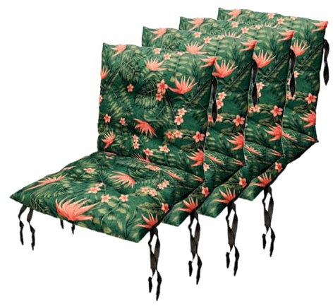 Sitzkissen Gartenstuhl mit Rückenlehne 50 x 50 cm 4st. Monstera Blatt - Beständig Gegen Schimmel und Feuchtigkeit - Wasserdicht Sitzauflagen für Gartenstühle mit Befestigungsschnüre (SET x4)