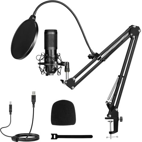 Professional USB Microphone Kit, Condenser Studio Microphone 192KHz/24 Bit, PC Microfono Bundle with Arm Stand Shock Mount Pop Filter Foam Cover Streaming Podcast Microphone for Computer and Phone