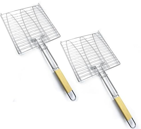 Juego de 2 asadores de pescado, 27,5 x 27,5 cm, para barbacoa con mango de madera, cesta de pescado para 3 peces, soporte para pescado con pinza, pinzas para barbacoa de pescado para verduras,