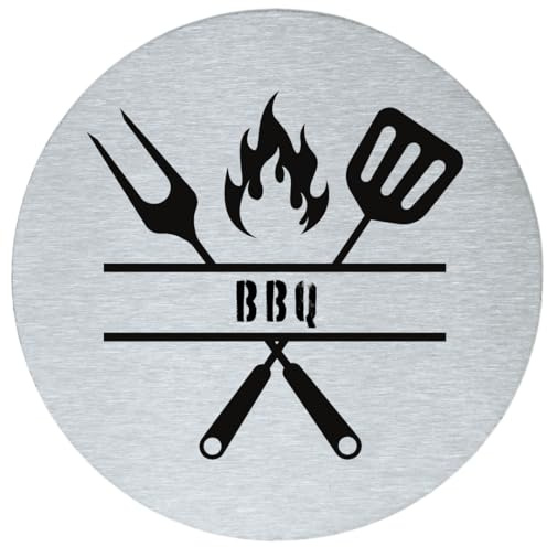 stahl-design-tebart Hinweisschild Piktogramm rund 7,5 cm Edelstahl selbstklebend graviert Edeloptik elegante Beschilderung langlebig Grillen BBQ- 7,5x7,5x0,1cm