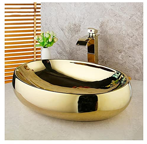 Badezimmerspüle 23.2 x 16.4 x6 ovale Arbeitsplatte Badezimmer Waschtischschiff Spüle poliertes Gold Badezimmer Keramik Waschbecken Wendewaschtisch(A)