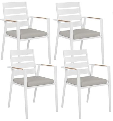 Beliani Gartenstuhl 4er Set Aluminium weiß mit Sitzkissen grau Armlehnen modern Taviano
