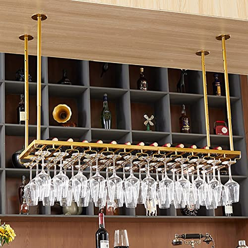 ASerZenith Hanging Wine Rack, Metal Ceiling Bottle Rack, Display Wine Storage Holder with Stemware Glass Shelf for Under Cabinet, Kitchen, Bar, Adjustable Height and Width