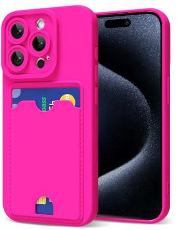 oakxco for iPhone 15 Pro Case with Card Holder, Cute Silicone Wallet Phone Case with Credit Card Slot, Soft Rubber Thin Slim Purse for Women Men with Shockproof Camera Cover Protection, Hot Pink