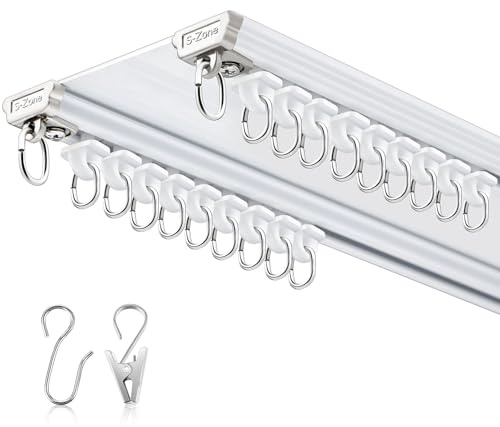 Juexica Ceiling Curtain Double Track Set 3ft-13ft/4 Meter White Double Curtain Track Ceiling Mount Heavy Duty Room Divider Adjustable Length Rails with Clips Hooks End Hook