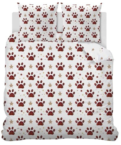 Housse de Couette 220x240 cm Étoile Noël, Parure de Lit Adulte Imprimée Empreintes Carreaux Rouges Réversible Parure Housse Couette 2 Personnes avec Fermeture Éclair + 2 Taie d'oreiller 65x65 cm