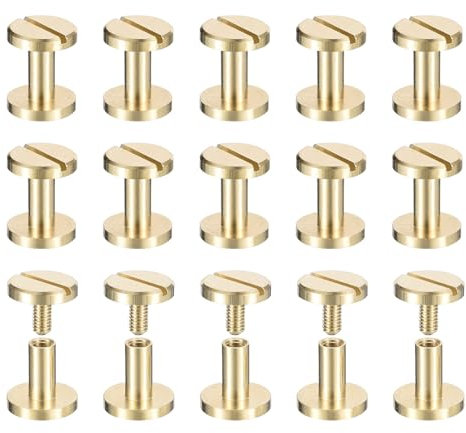 sourcing map 25Pack Brass Chicago Screws, 6x10mm Flat Head Screw Back Binding Post Nail Stud Rivets for DIY Leather Craft Belt Strap, Gold