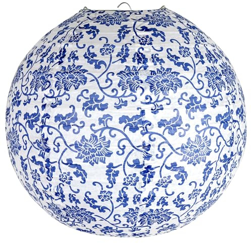 Paper Lampshade Hanging Light Shade 30cm, Oriental Ribbed Japanese Ceiling Fixture with Cherry Blossom & Floral Patterns, Perfect for Home Lighting, Wedding,Party & Boho Decor (Blue Porcaline Flower)